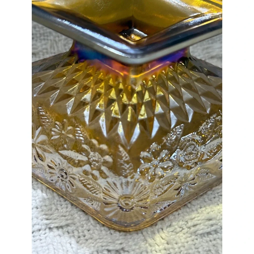 Vintage amber Marigold Carnival Glass  Footed Candy Dish 3x6.5in